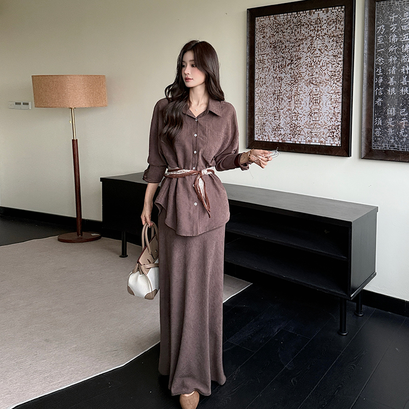 MY14466# 慵懒老钱风 高智感丝巾宽松衬衣百搭半身A字裙三件套装 送丝巾女裝貨源服裝批發