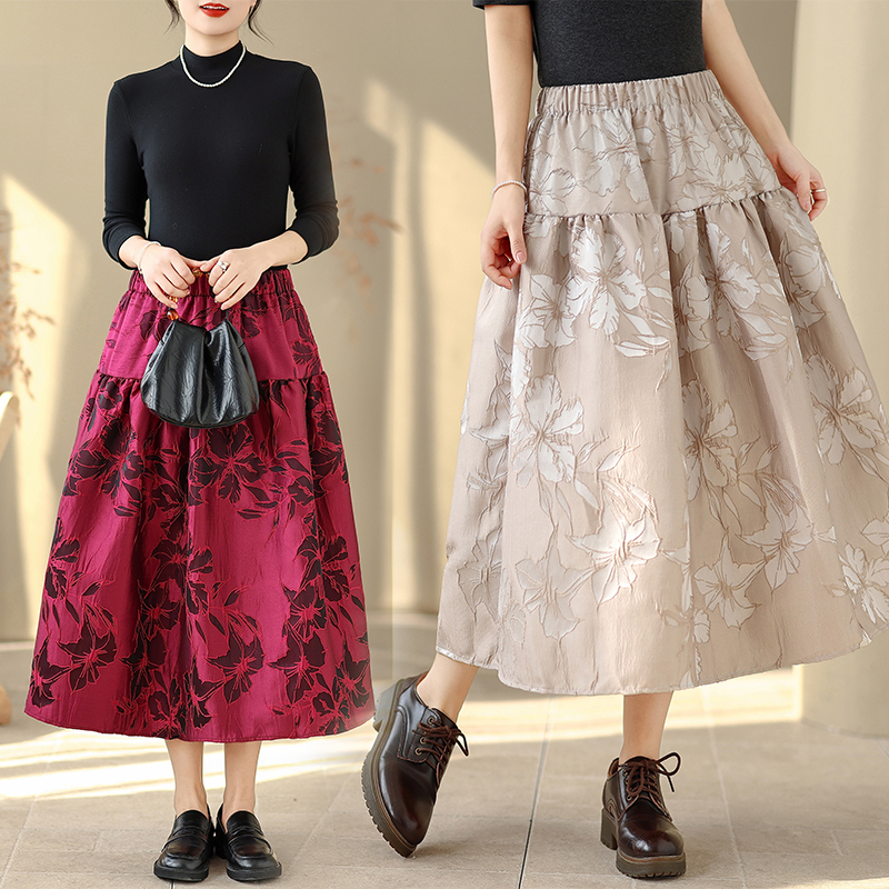 MY16245# 新款浮雕提花半身裙文艺休闲百搭中长裙子蓬蓬裙 女女裝貨源...