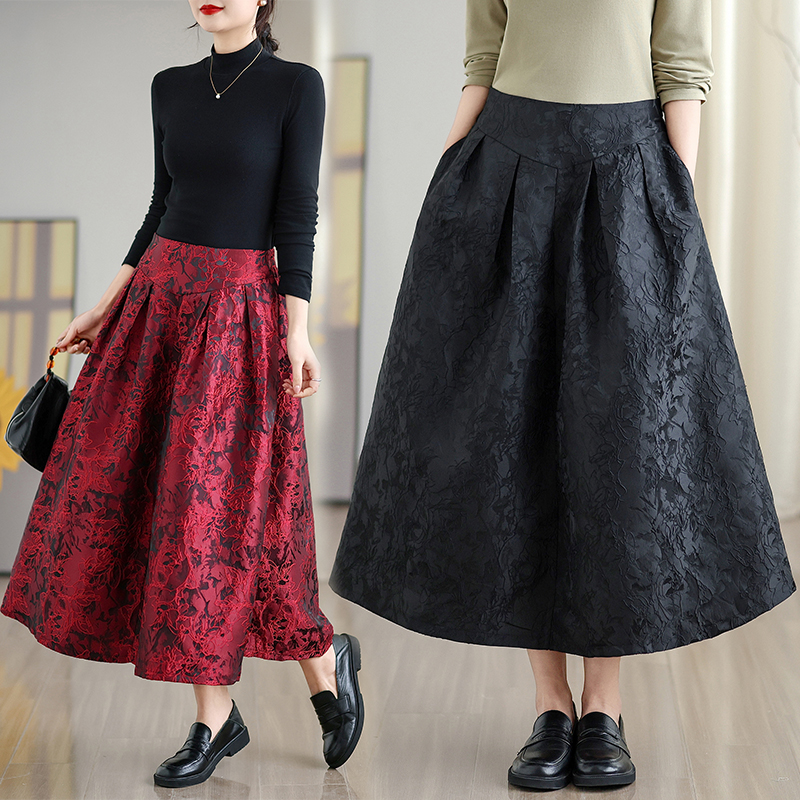 MY16243# 复古提花高腰显瘦半身裙新款时尚百搭A字裙中长裙女裝貨源服...