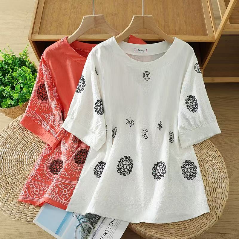 RY771# 实拍 新款复古重工刺绣丝麻短袖衬衫女文艺宽松显瘦圆领套头上衣