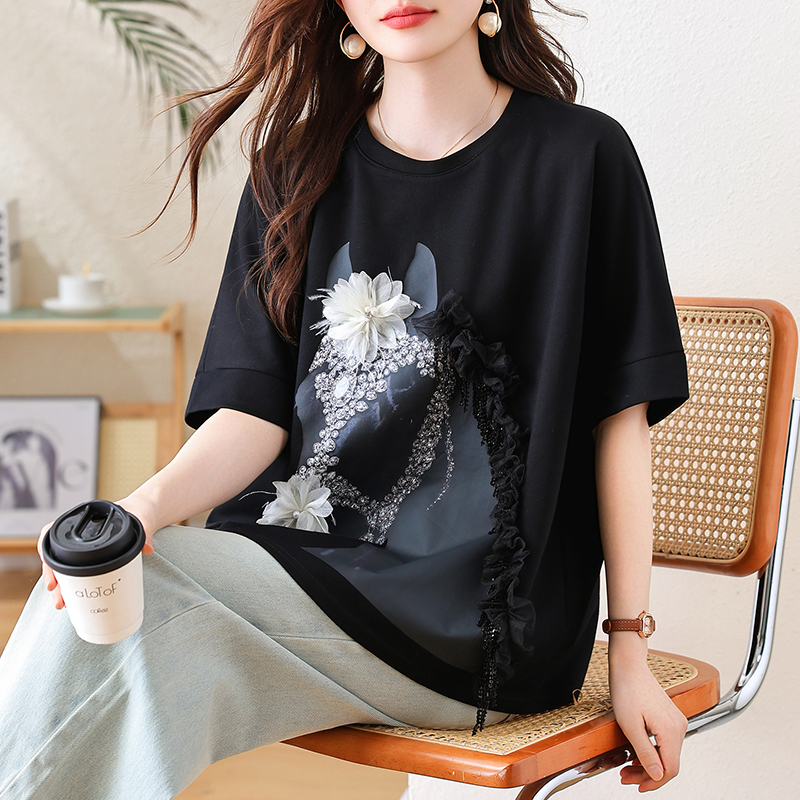 RY3461# 实拍 蝙蝠袖流苏印花T恤2026夏季慵懒休闲百搭宽松时尚大...