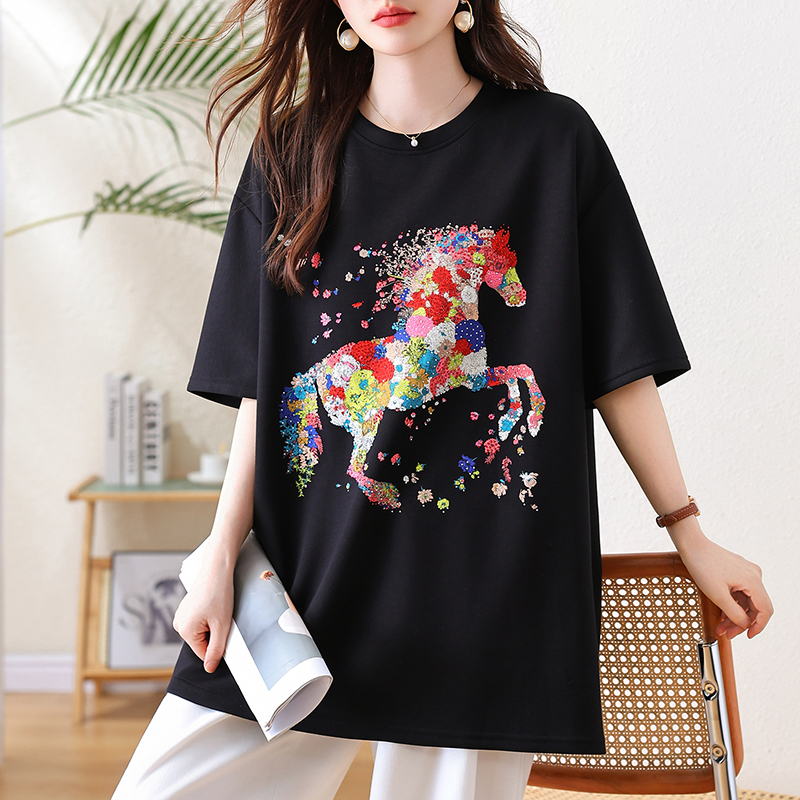 RY3462# 实拍 2026夏季新款大码重工彩色亮钻小马宽松印花中长款短...