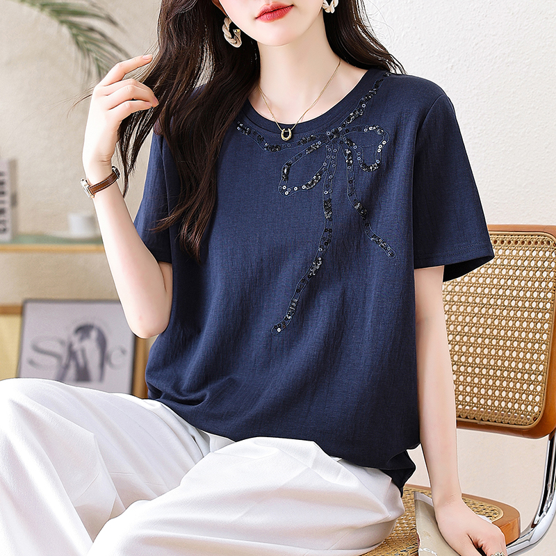 RY3459# 实拍 时尚珠片刺绣短袖T恤女夏季2026年新款女装大码欧货...