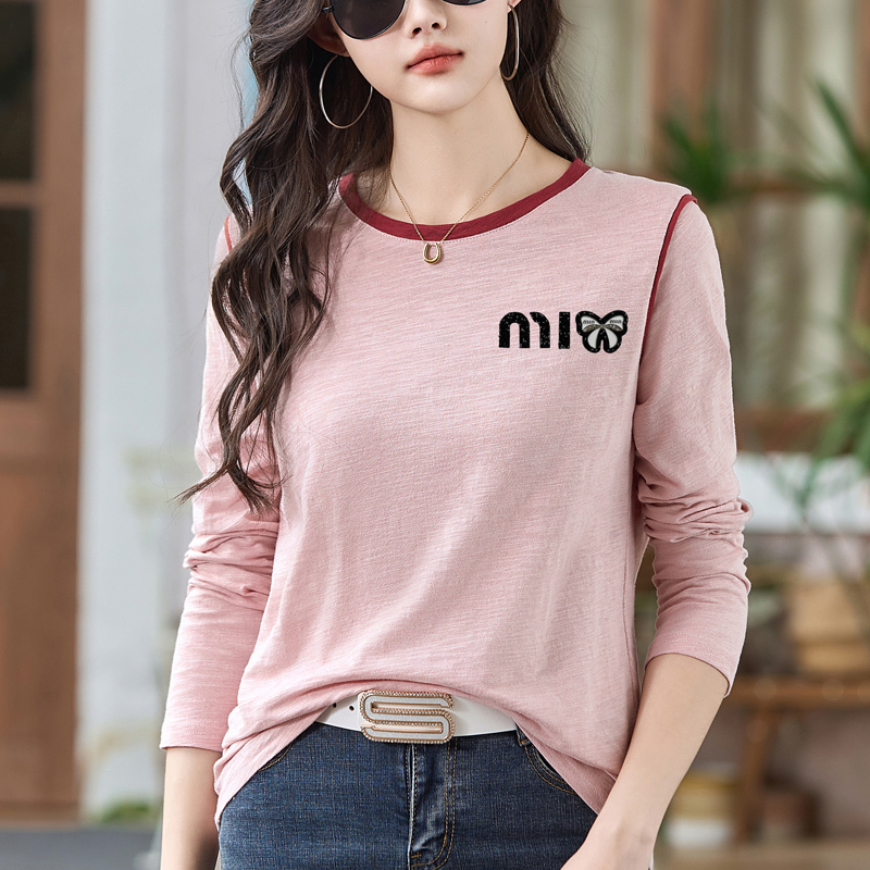 MY17118# 新款正肩长袖t恤女纯棉减龄时尚设计感竹节棉上衣打底衫女女...