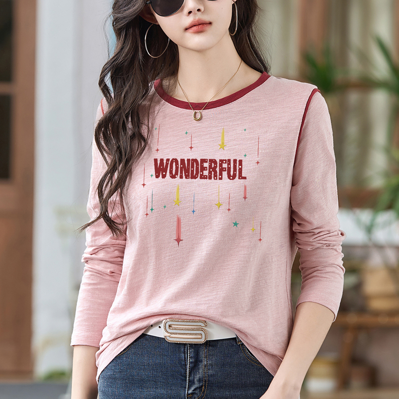 MY13793# 女裝貨源柔软新款长袖T恤女装纯棉休闲打底衫竹节棉印花百搭...