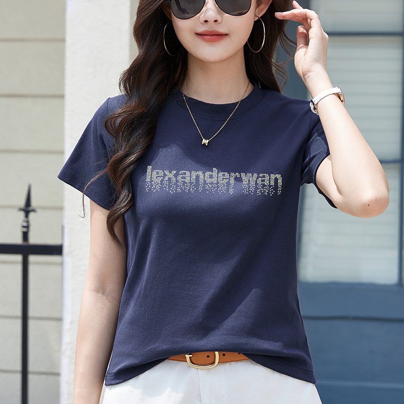 RY1420# 正肩短袖T恤女简约时尚烫钻字母宽松显瘦潮流半袖大码上衣女夏季