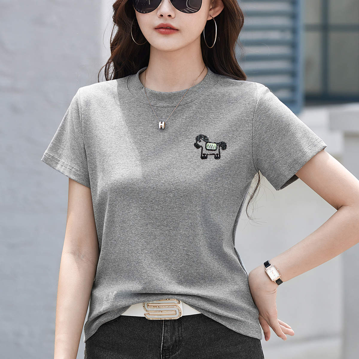 RY2433# 2026夏季新款正肩短袖T恤女纯色百搭宽松圆领简约半袖打底...