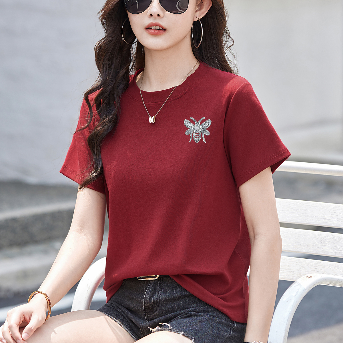 RY2432# 正肩短袖白色t恤女圆领夏季春秋内搭打底衫宽松大码体恤简约上...