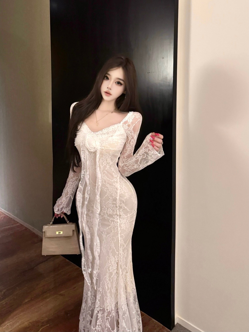 MY13626# 法式立体花朵飘带性感露锁骨蕾丝高腰气质收腰鱼尾连衣裙女裝...