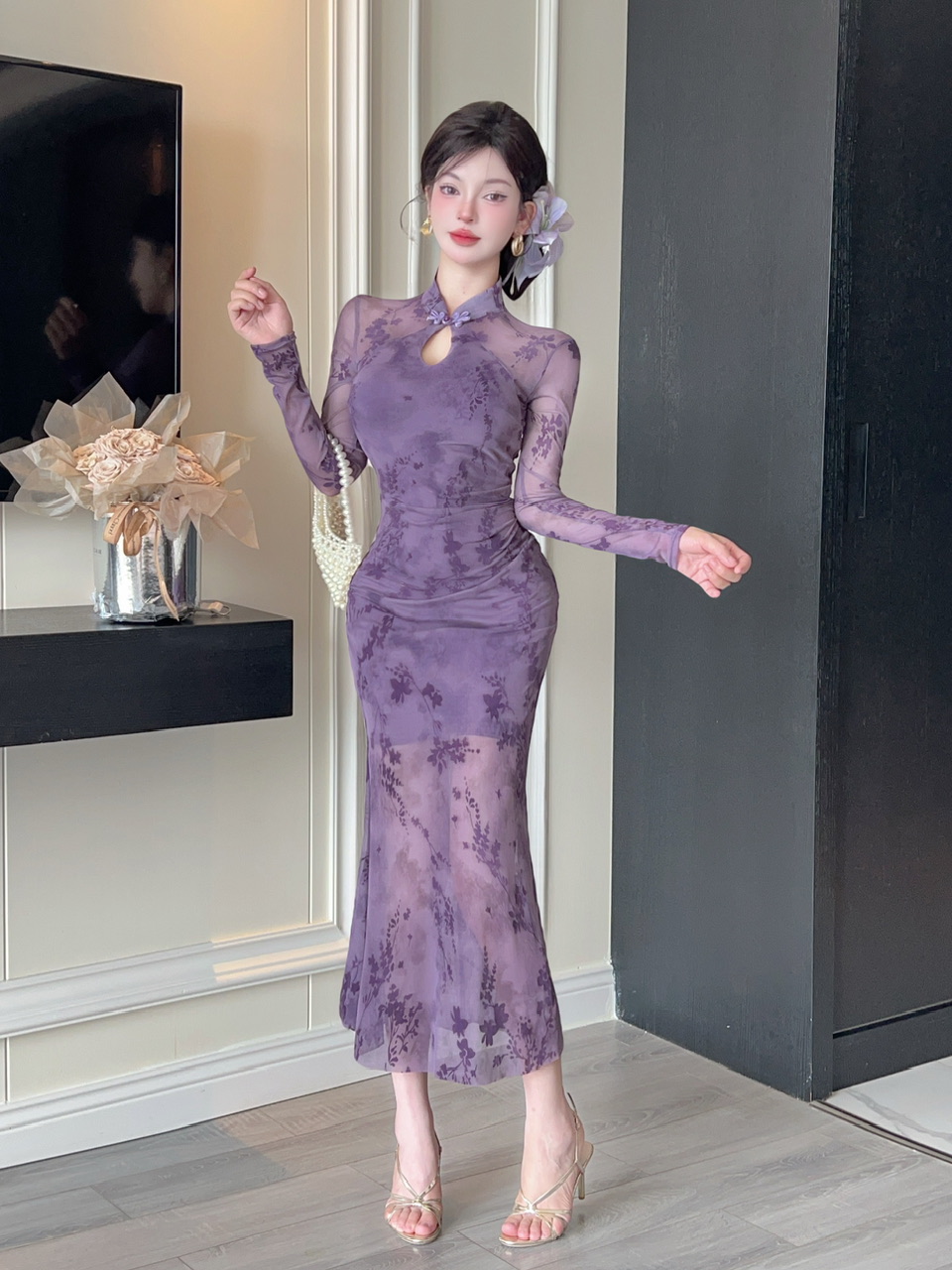 MY13636# 新中式复古改良旗袍植绒烧花修身长袖礼服包臀连衣裙女裝貨源...