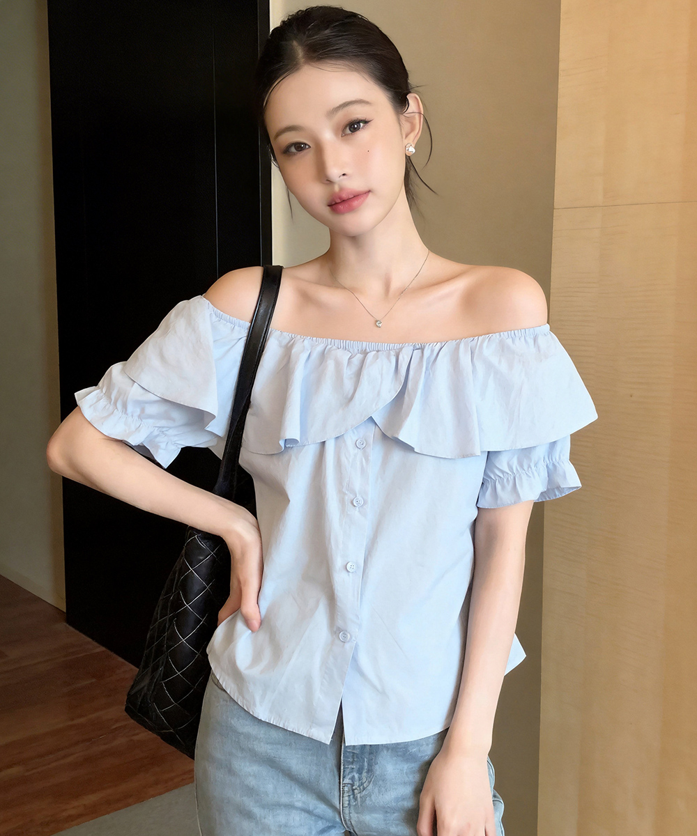 RY2339# 有货2026夏季新款韩版百搭一字领荷叶边短袖衬衫女上衣夏小...