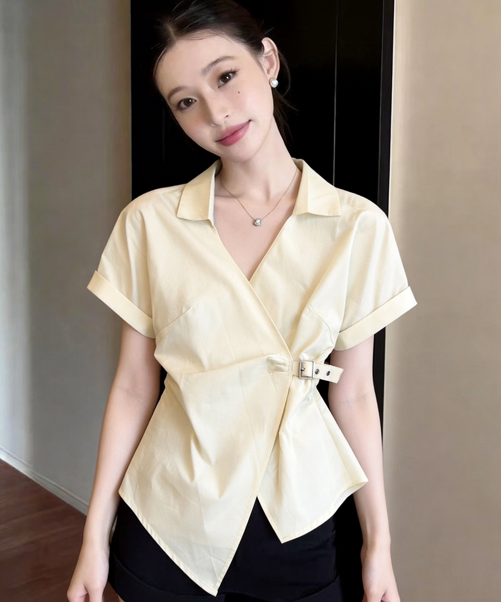 RY2340# 有货2026夏季新款韩版百搭V领系带短袖衬衫女上衣小衫