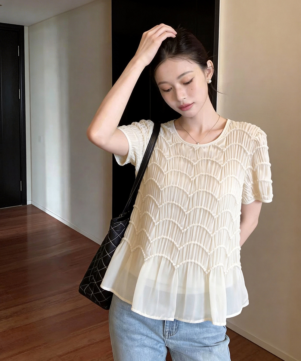 RY2337# 有货2026圆领夏季新款宽松褶皱短袖上衣衬衫 女小衫