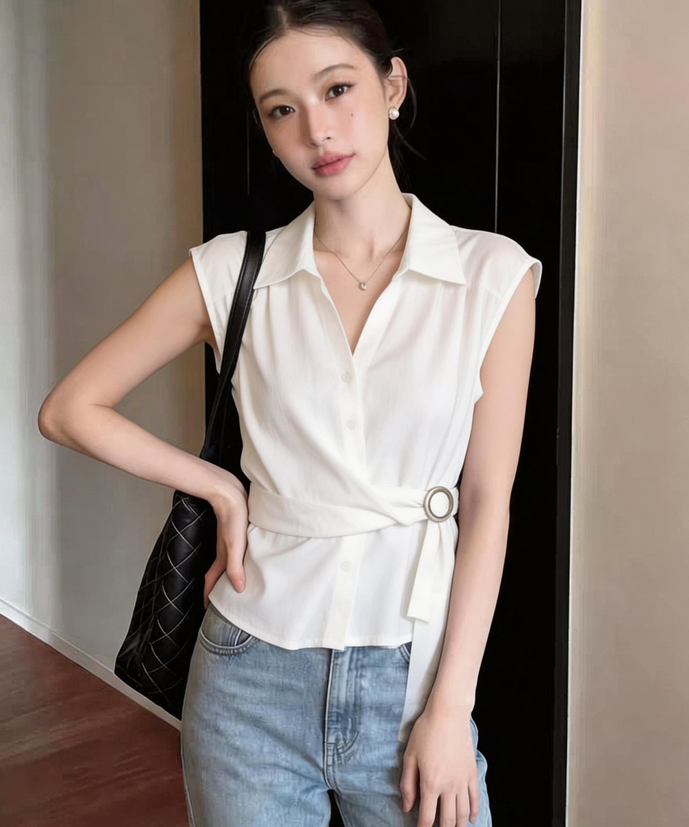 RY2336# 有货2026夏季新款百搭无袖宽松系带收腰衬衫女上衣夏小衫