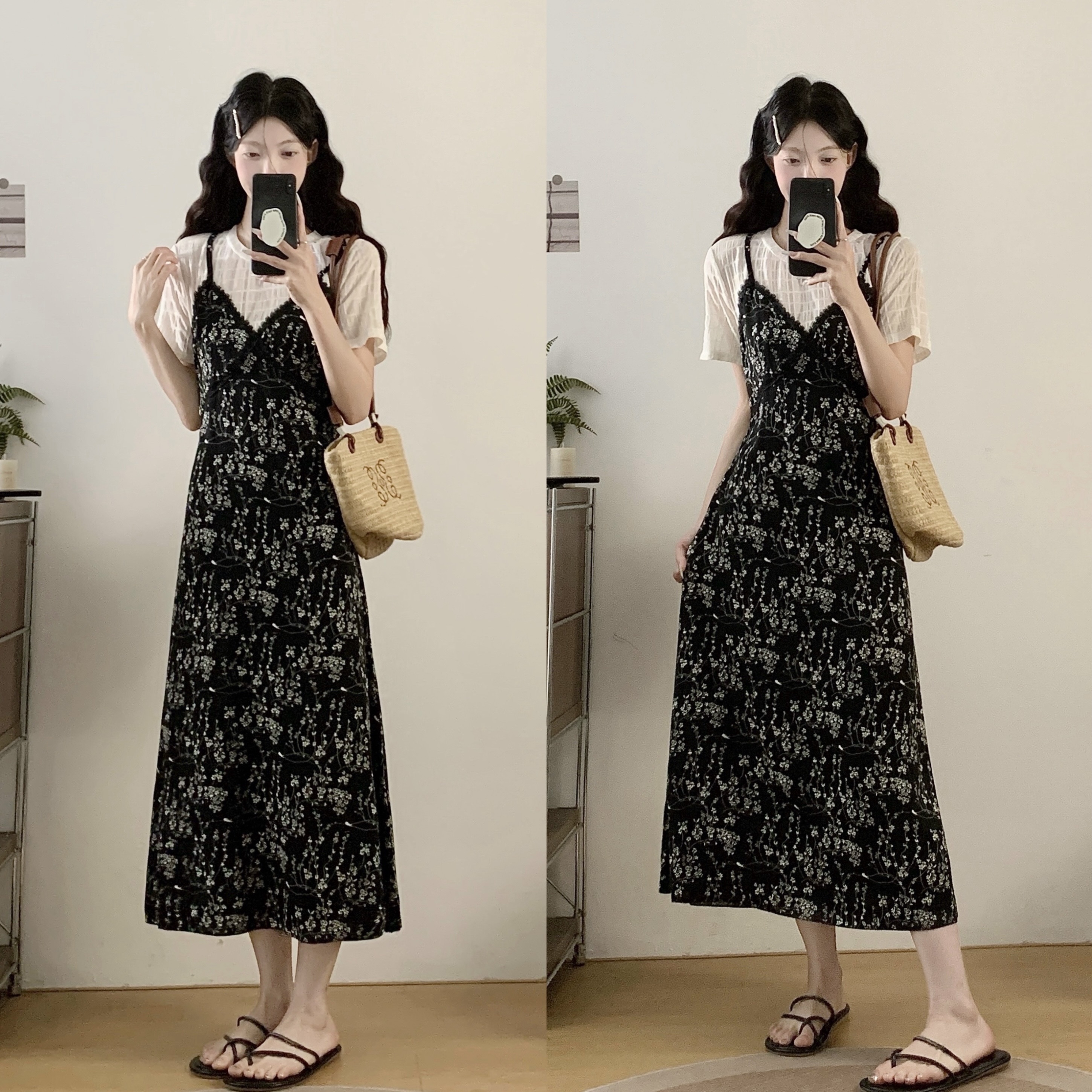 MY12304# 大码女装夏季新款韩版时尚气质碎花拼接胖MM假两件连衣裙女裝貨源服裝批發