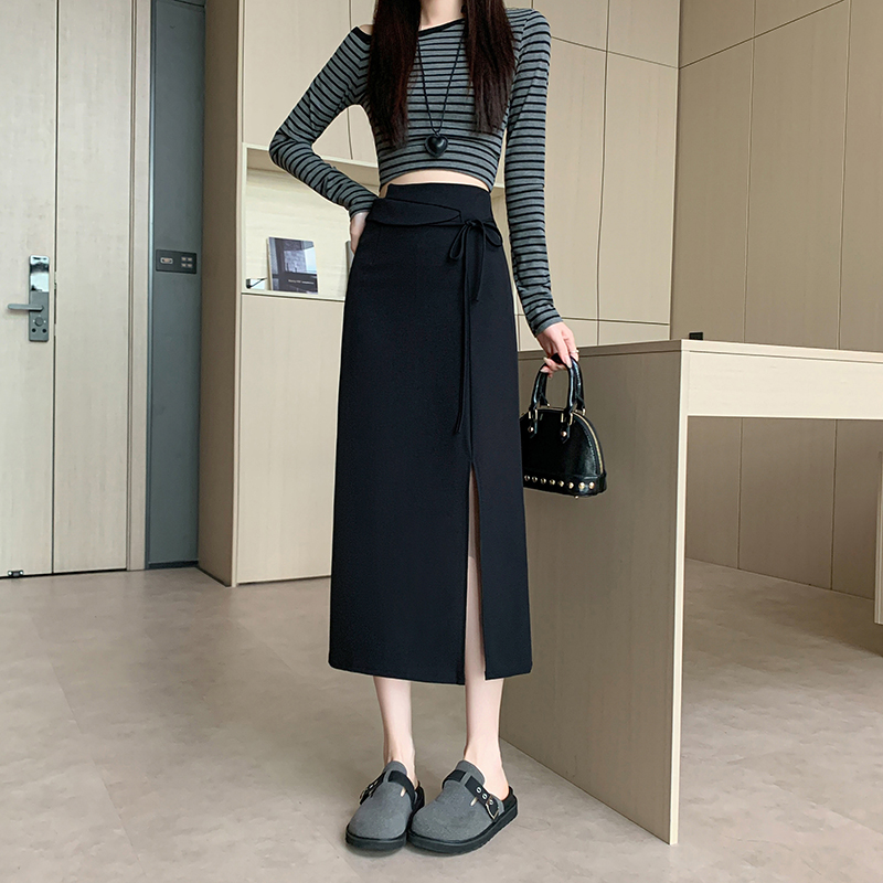 實拍視頻系帶半身裙女夏季包臀裙白搭顯瘦不規則西裝裙開叉一步裙