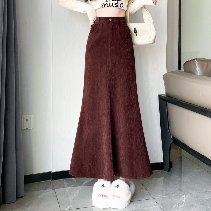 實拍視頻高級感魚尾包臀半身裙秋冬新款歐棉絨高腰顯瘦a字中長裙