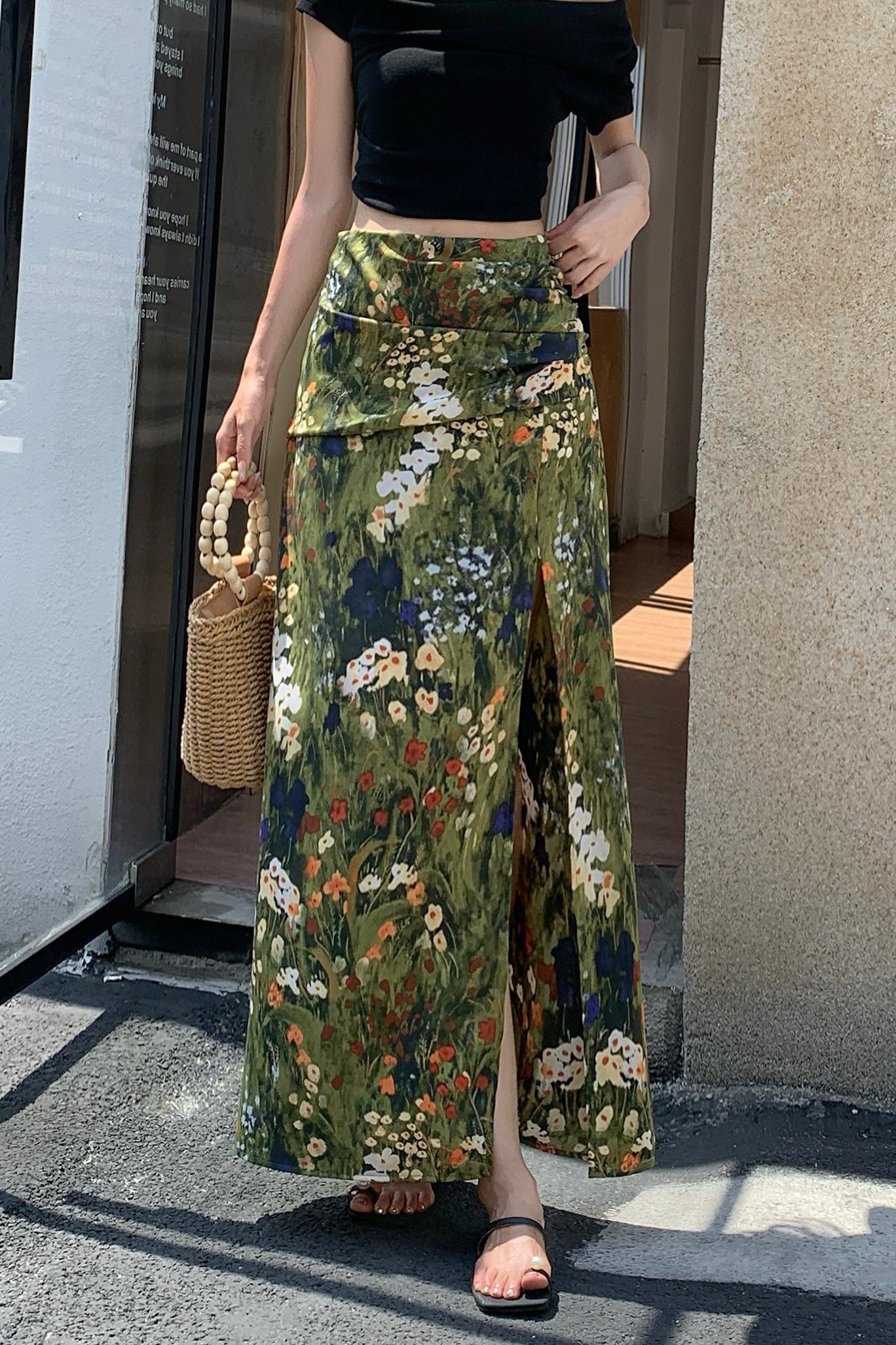 實拍莫奈花園油畫碎花半身裙2026夏季新款垂感A字復古開叉包臀裙