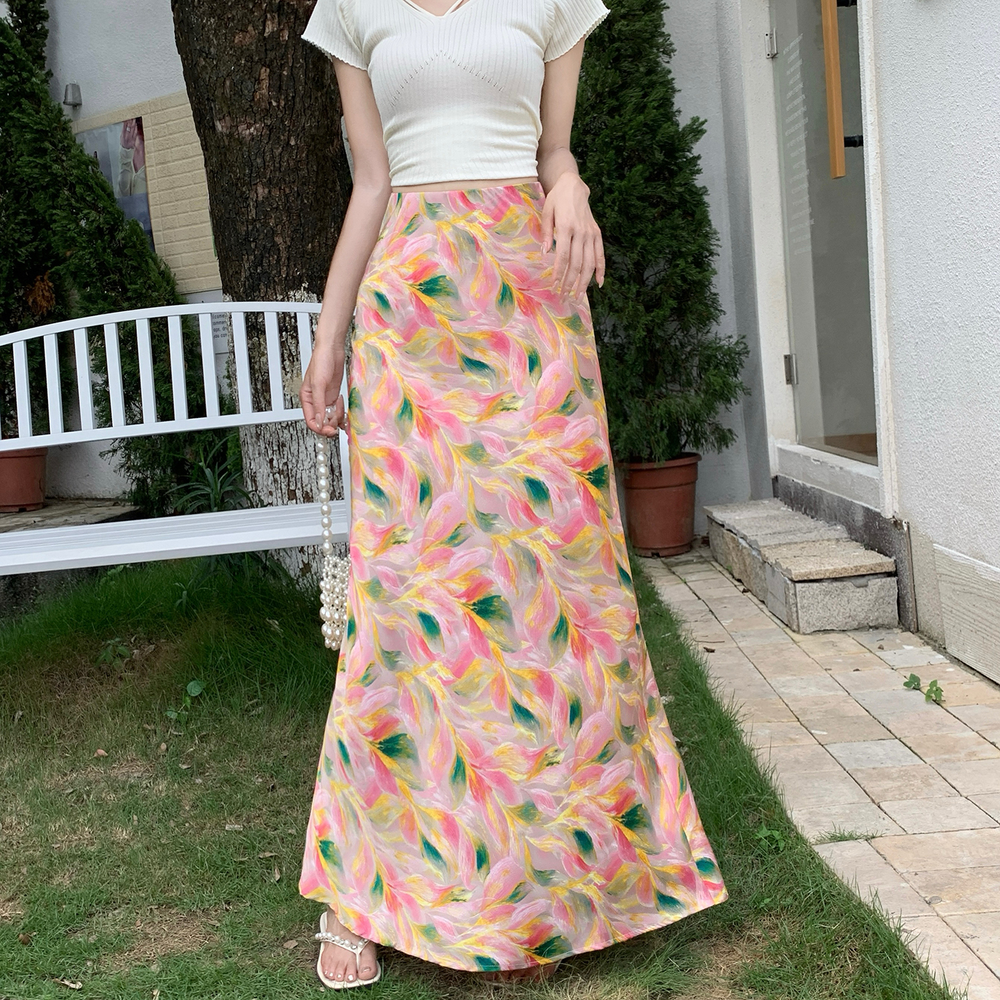 實拍莫奈花園油畫碎花半身裙女2026夏季新款垂感A字復古魚尾長裙