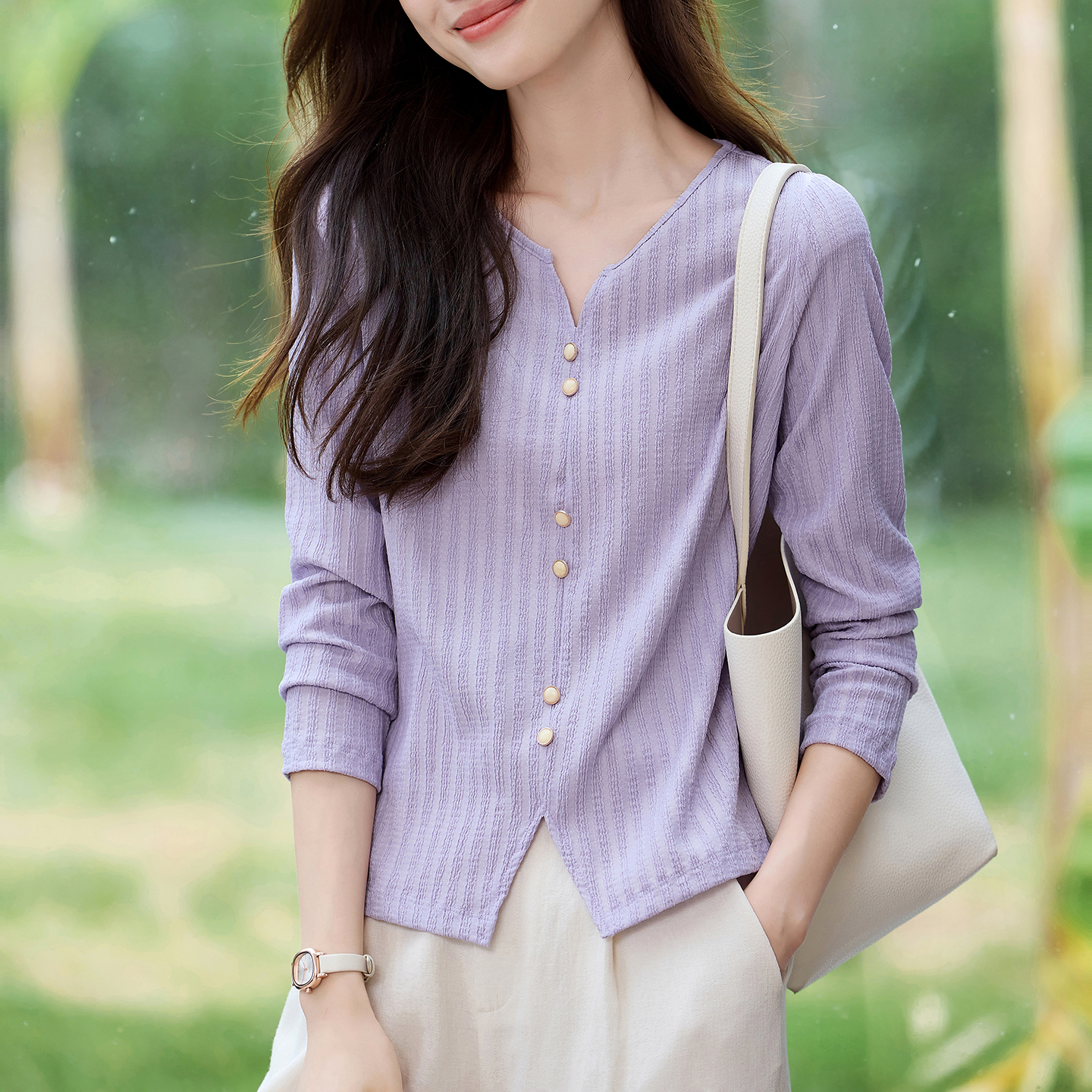 MY16706# 新款肌理感压花法式T恤女设计感开叉长袖正肩上衣女裝貨源服...