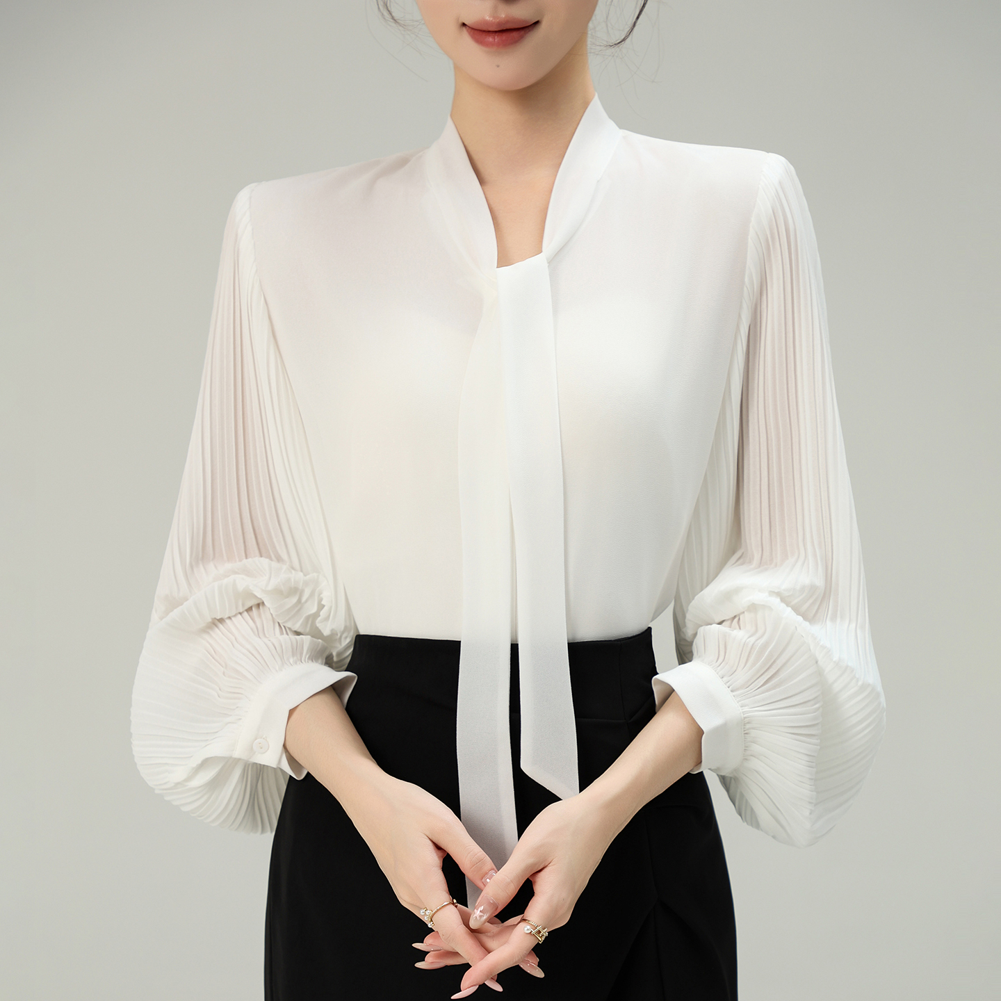 MY16705# 新款风琴百褶袖雪纺衬衫垂感不易皱通勤飘带上衣女裝貨源服裝...