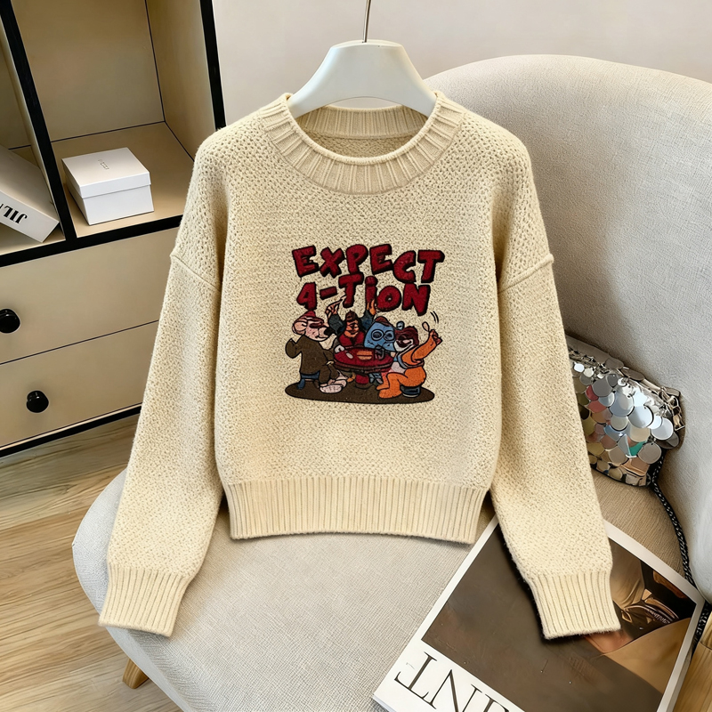 MY14986# 软糯提花圆领套头毛衣新款日系宽松慵懒风针织长袖上衣女裝貨源服裝批發