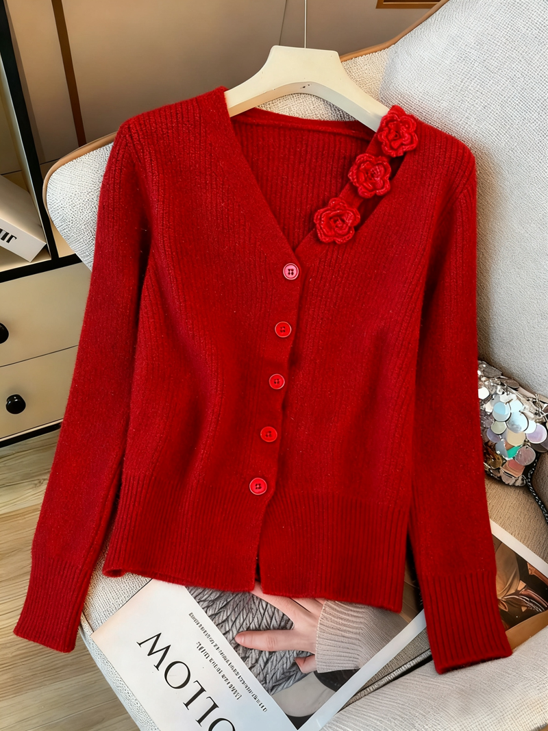 MY14985# 设计感别致立体花朵针织衫毛衣新款V领软糯长袖百搭上衣女裝貨源服裝批發