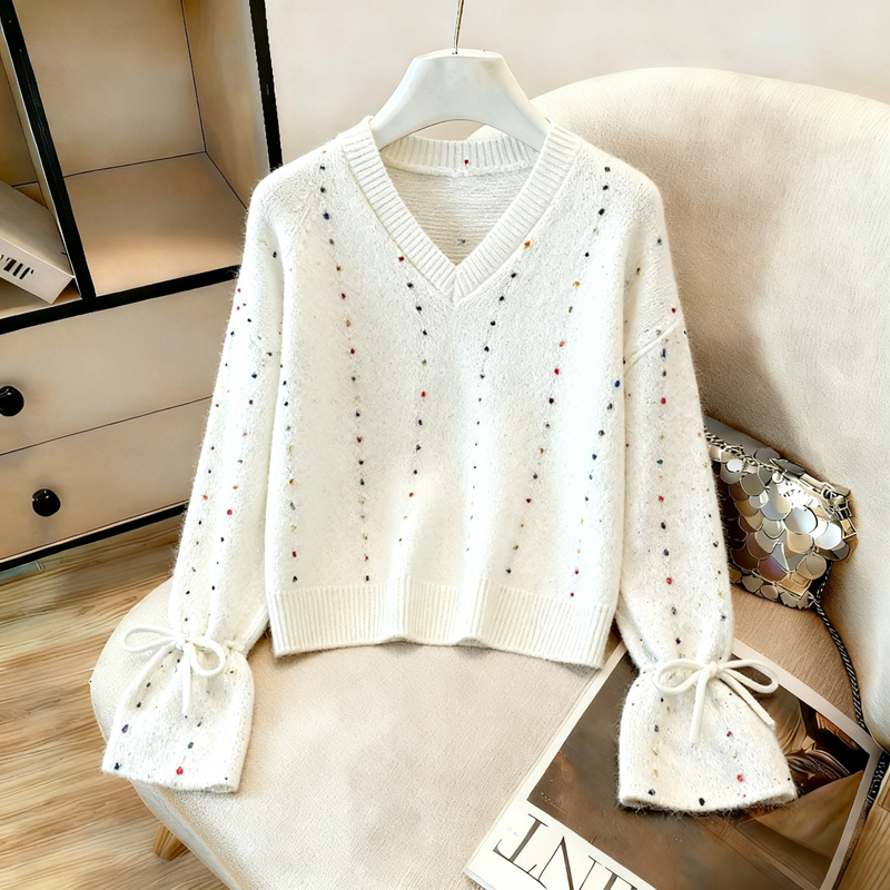 MY14983# 喇叭袖复古v领套头长袖宽松外穿毛衣女慵懒风高级感针织上衣女裝貨源服裝批發