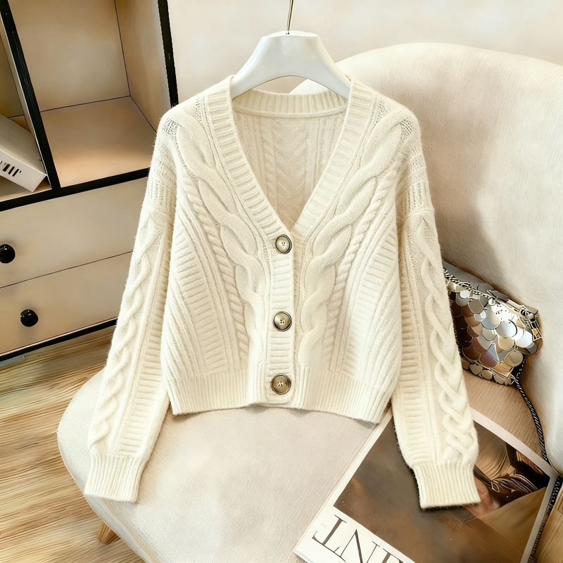 MY14982# 慵懒风宽松v领长袖毛衣新款复古麻花短款开衫外套上衣女裝貨源服裝批發