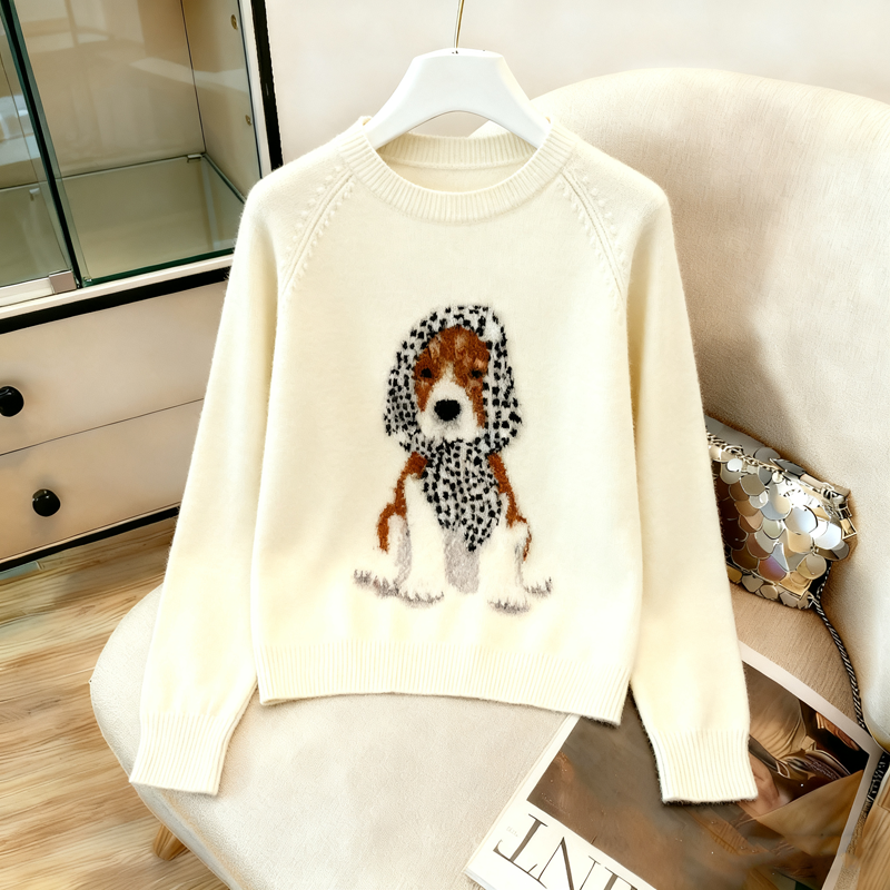 MY15798# 软糯慵懒风小狗提花长袖毛衣新款外穿圆领宽松针织衫上衣女裝...