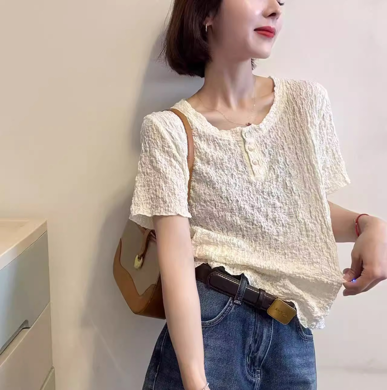 MY12082# 短袖夏款立体褶皱肌理感T恤衬衫休闲简约宽松女上衣百搭时尚...