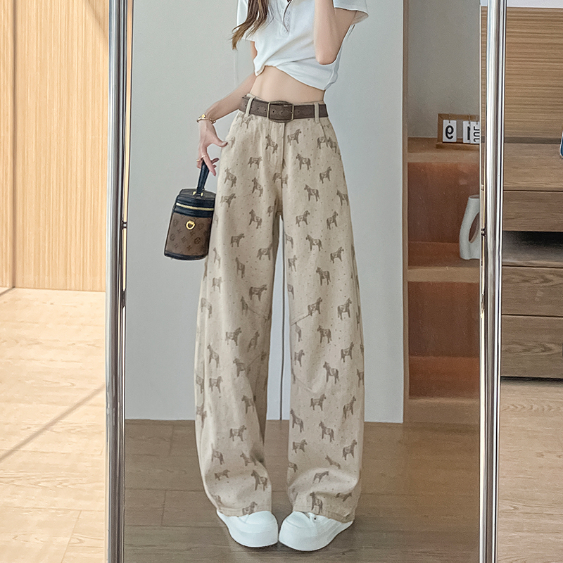 發財小馬2026春夏季新款波點印花高腰顯瘦百搭牛仔闊腿褲女彎刀褲