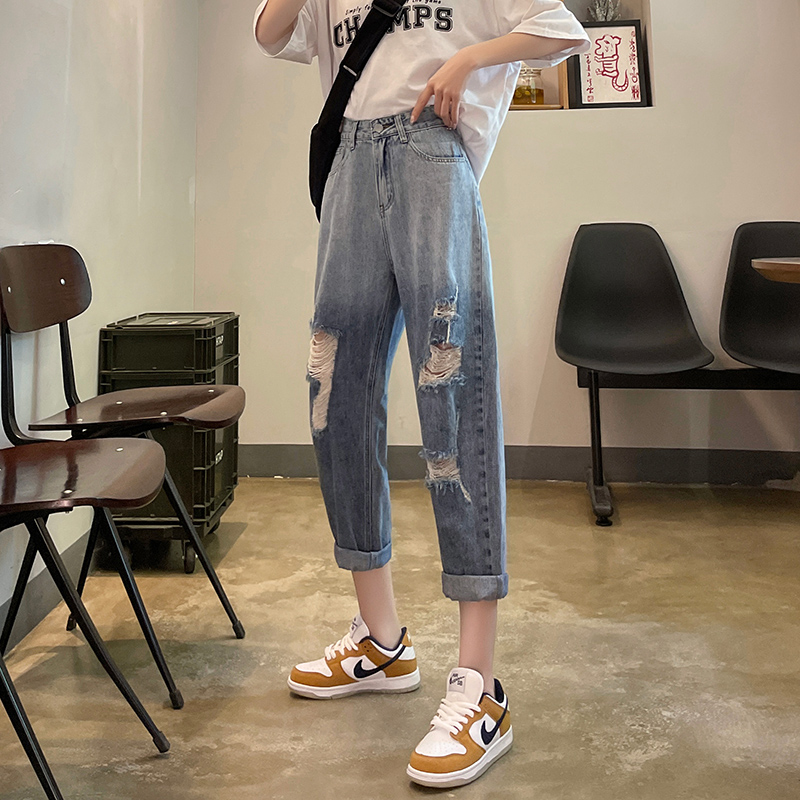 破洞牛仔褲女寬松直筒夏季2026年新款高腰漸變藍色設計感哈倫褲子