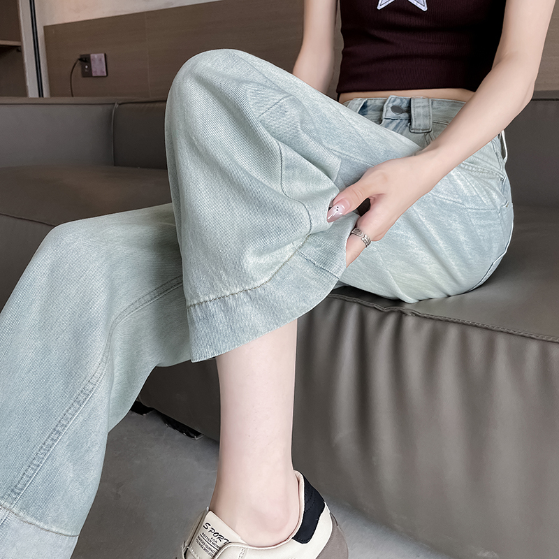 復古淺藍色牛仔褲女夏季2026新款小個子直筒寬松高腰九分闊腿褲