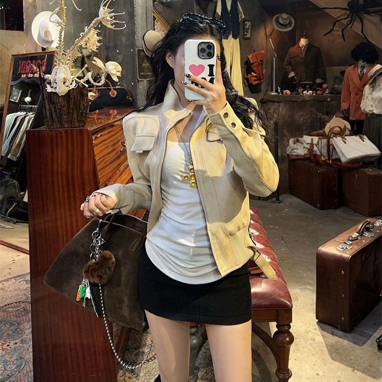 MY15913# 复古鹿皮绒立领长袖夹克外套女美式机车服宽松设计感气质上衣...