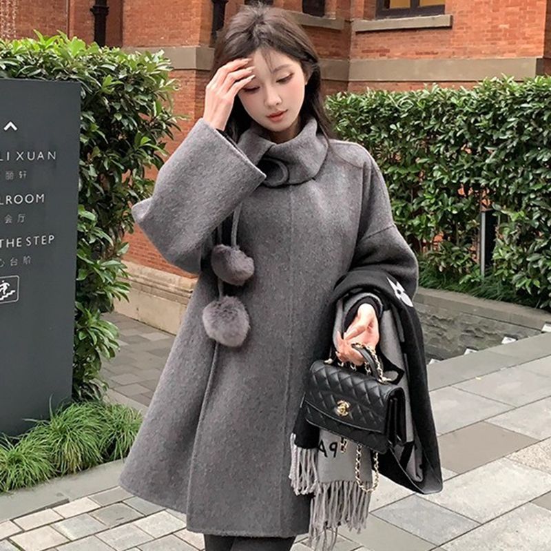 MY15911# 灰色设计感大衣女新款复古高级感韩系中长款时尚毛呢斗篷外套...