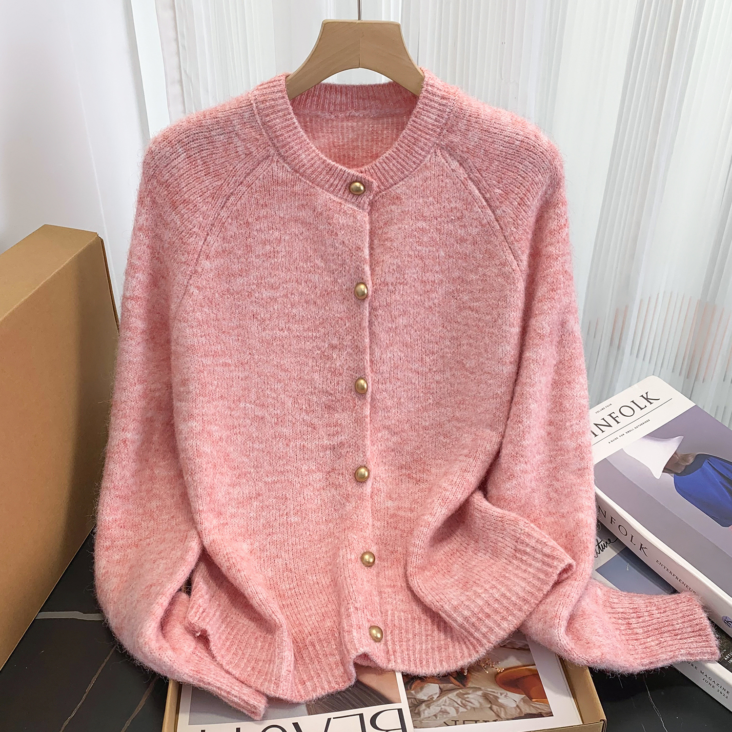 MY14820# 粉色圆领毛衣外套女新款温柔风加厚针织开衫中长款女裝貨源服...