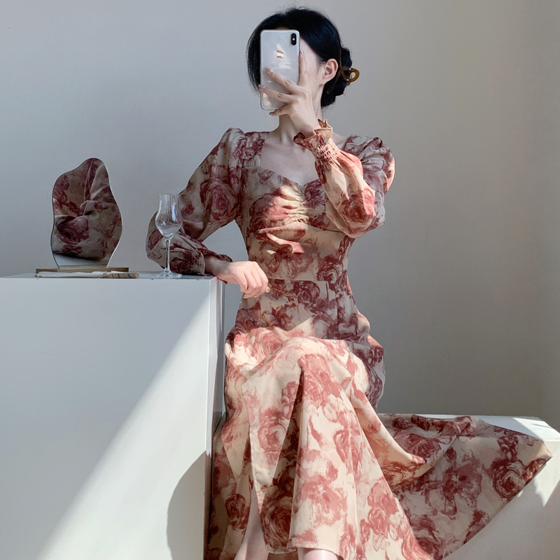 MY70193# 新款法式复古绝美碎花仙女气质显瘦长袖连衣裙女裝貨源服裝批發