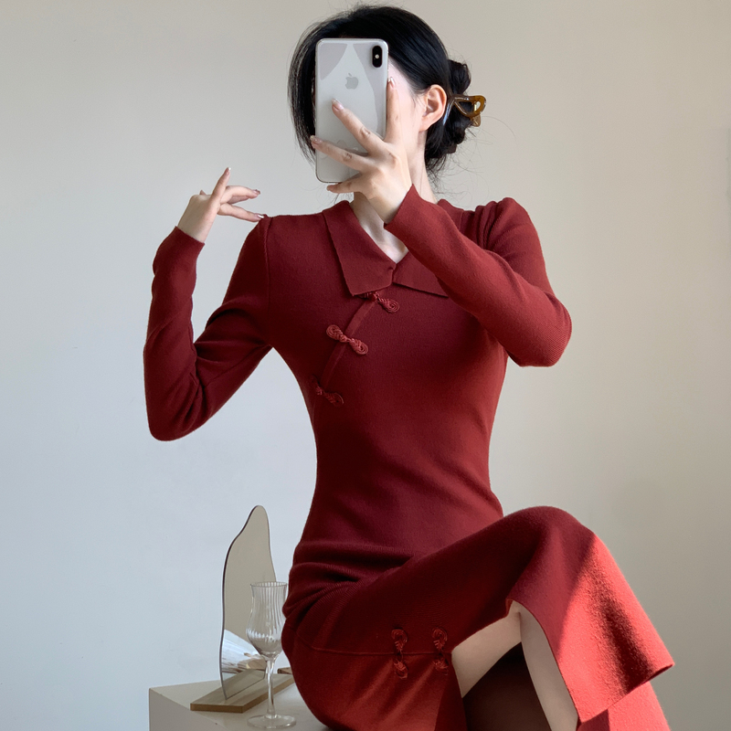 MY70192# 新款新中式复古国风打底旗袍针织连衣裙女裝貨源服裝批發