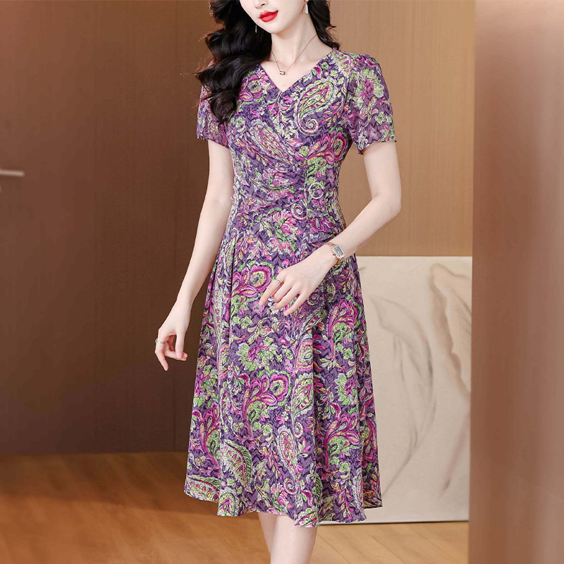 RY2440#夏季新款大码短袖连衣裙花色收腰显瘦洋气时尚中长