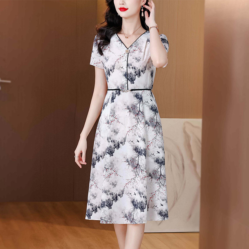 MY9328# 夏季新款大码短袖连衣裙收腰显瘦单层中国风中长款女裝貨源服裝批發