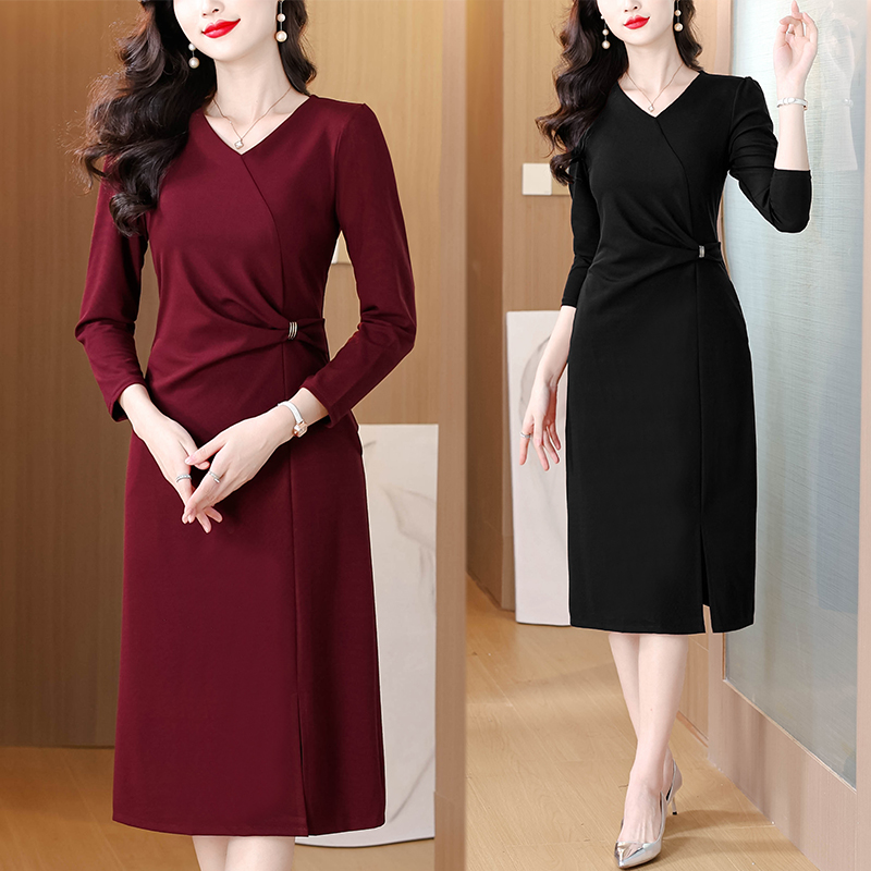 RY2438# 实拍已出货 2026春季新款大码连衣裙纯色长袖中长款时尚洋...