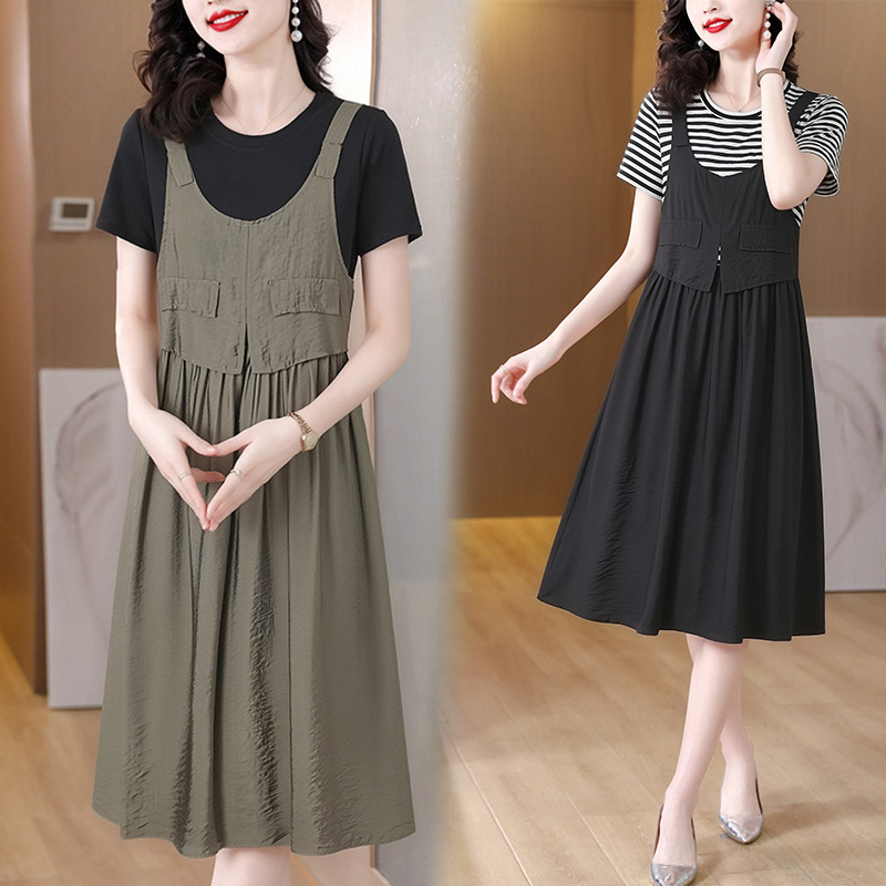 RY2437# 实拍出货 2026夏季新款大码短袖连衣裙假两件宽松休闲时候...