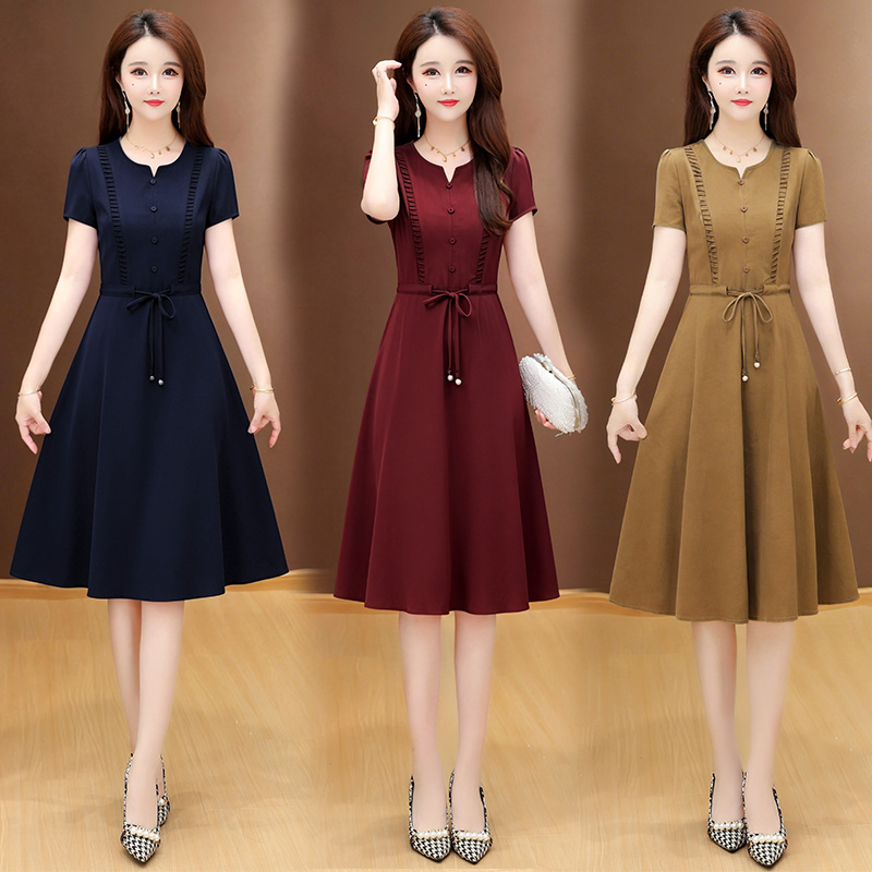 RY2985# 实拍有货 2026夏季新款大码短袖连衣裙纯色腰带妈妈收腰显...