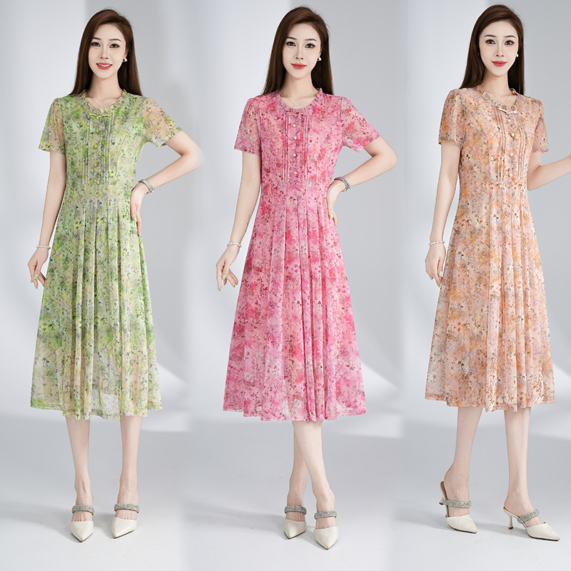 RY3495#夏季新款短袖连衣裙网纱印花裙子收腰显瘦透气