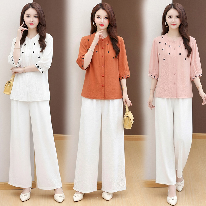 RY3493# 实拍有货 2026夏季新款大码棉麻套装妈妈舒适透气减龄上衣...