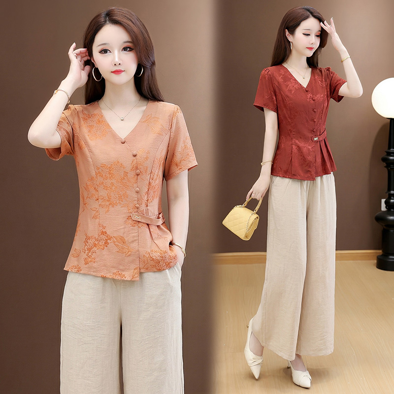 RY3492# 实拍有货  2026夏季新款大码套装妈妈短袖收腰显瘦阔腿裤...