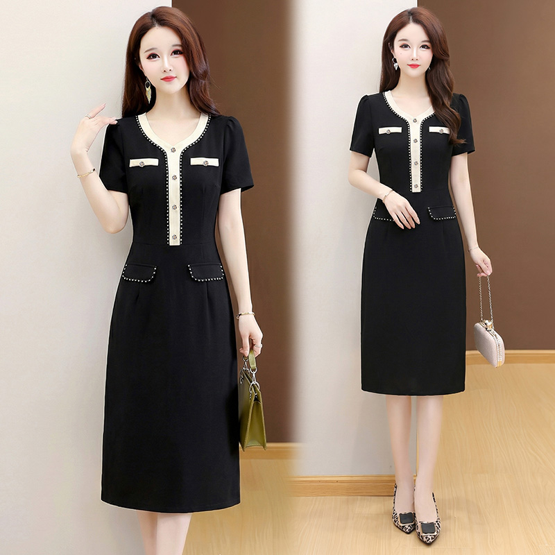 RY3490# 实拍有货 2026夏季新款大码短袖连衣裙收腰时尚减龄小香风