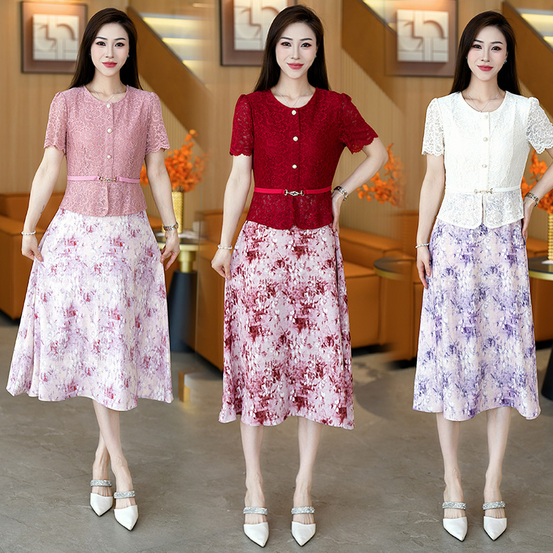 RY3489# 实拍有货 2026夏季新款大码短袖假两件连衣裙收腰显瘦中长...