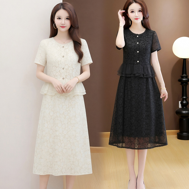 RY3488# 实拍有货 202夏季新款大码短袖蕾丝裙子时尚洋气减龄包臀裙
